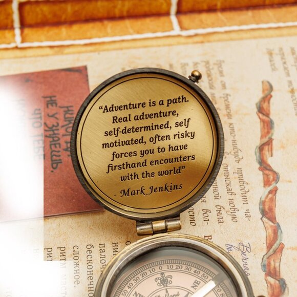 Brass Compass with Leather Case Not All Those Who Wander Are Lost 2 Inch - Picture 3 of 7